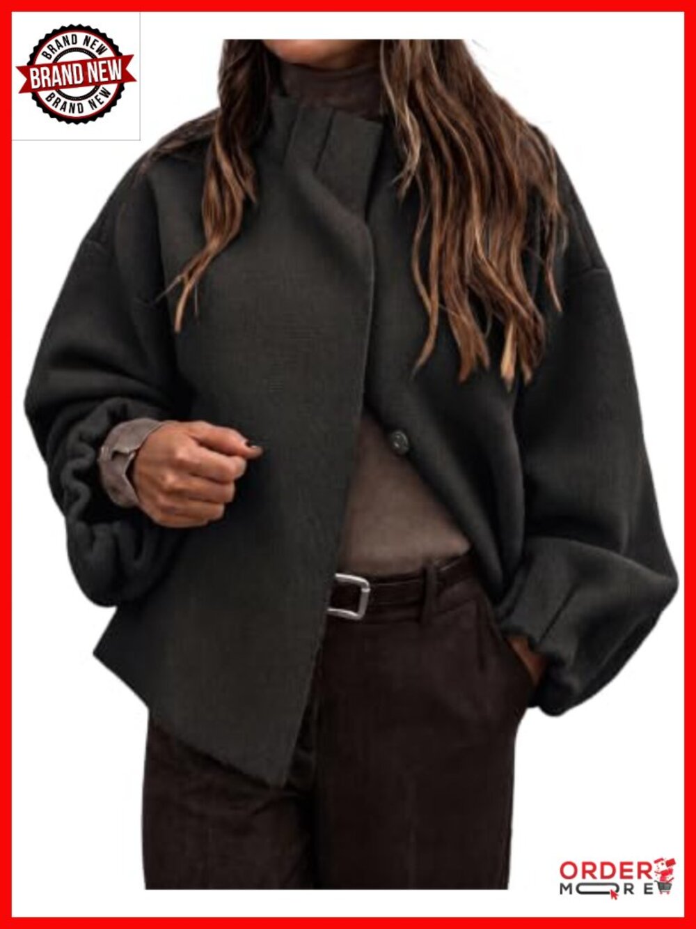 Ruffle Mock Neck Balloon Sleeve Knit Cardigan Sweater